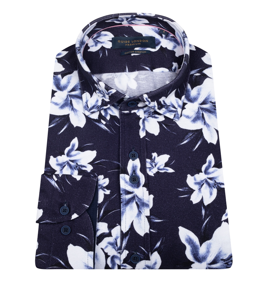 Guide Of London Navy Shirt With White Flower (LS76098)