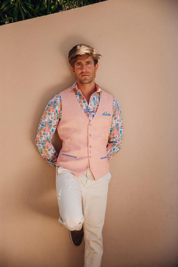 A Fish Named Fred Coral Linen Look Waistcoat