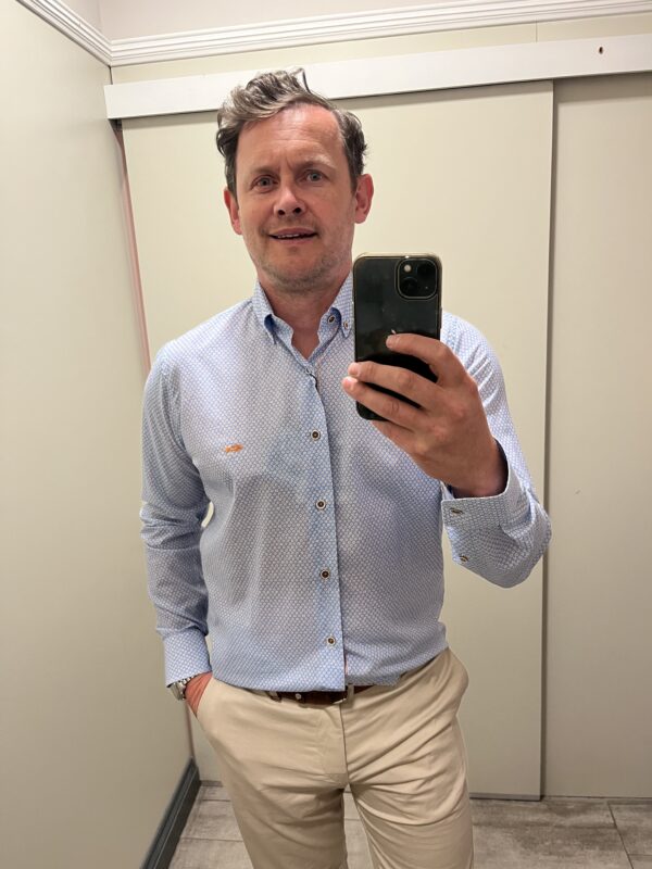 Dario Beltran Baells - Blue Shirt With Mini Fried Egg Pattern