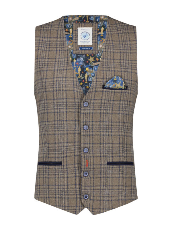 A Fish Named Fred Tan Waistcoat With Navy Check