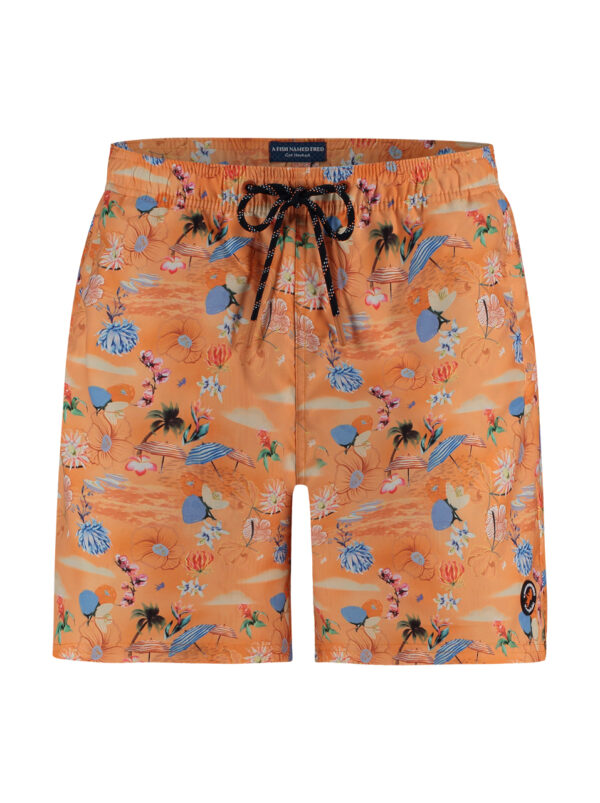 A Fish Named Fred Coral Tropical Print Swimshorts