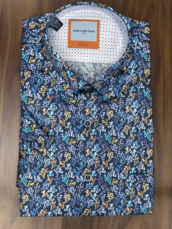 Dario Beltran Coslada - Navy Short Sleeve Shirt With Cluster Of Flowers
