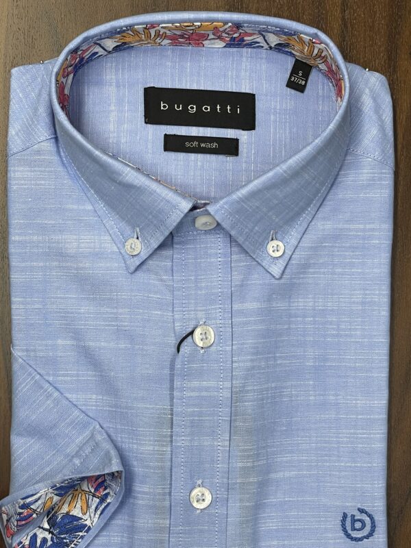 Bugatti Classic Blue Short Sleeve Shirt With Printed Collar - Image 2