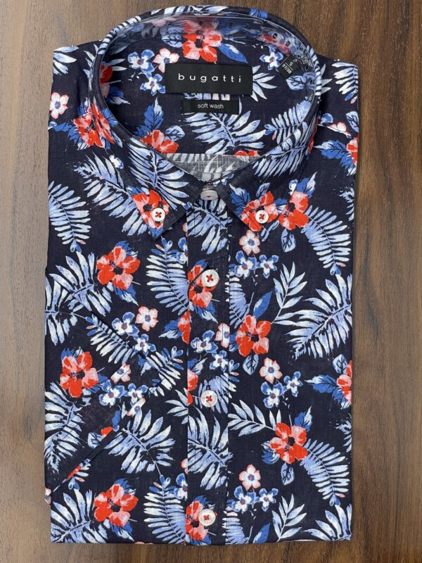 Bugatti Navy Shirt Sleeve Shirt With Red & Blue Foliage