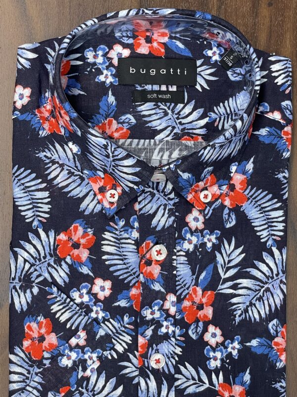 Bugatti Navy Shirt Sleeve Shirt With Red & Blue Foliage - Image 2