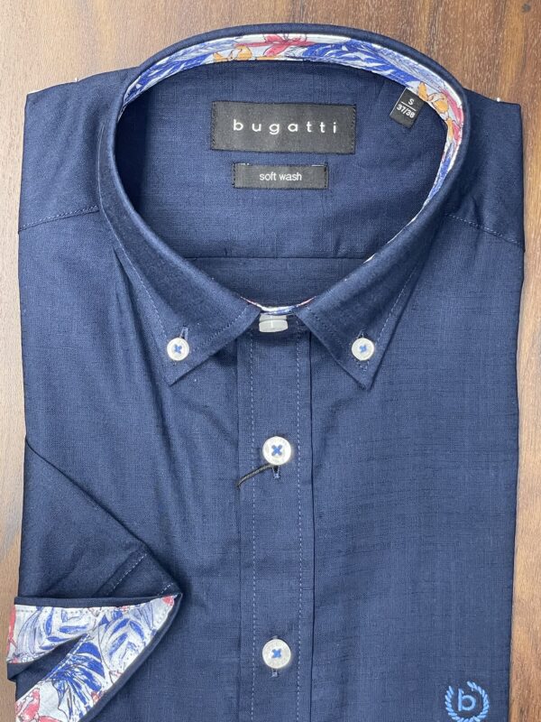 Bugatti Classic Navy Short Sleeve Shirt With Printed Collar - Image 2