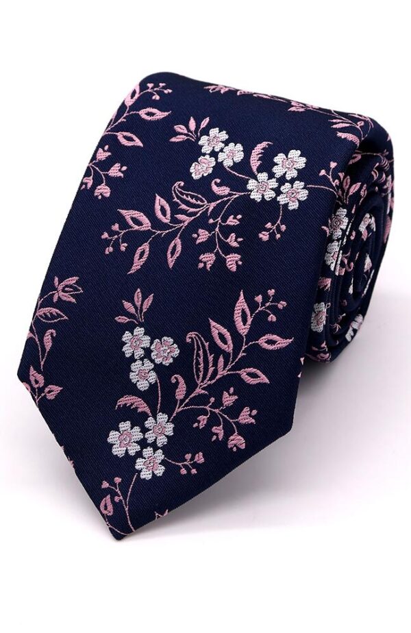 L.A.Smith Navy Tie With Pink Leaf Pattern