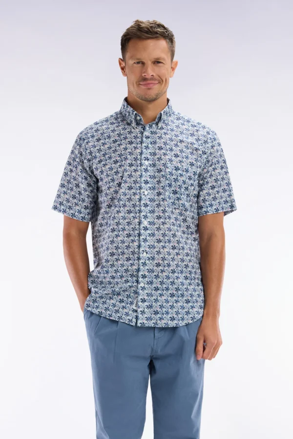 Eden Park Grey with Graphic Blue Flowers Short Sleeve Shirt E25CHECC0047