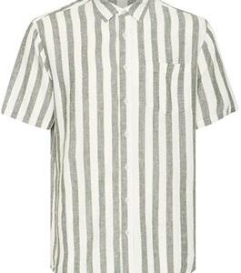 Blend Linen Short Sleeve Shirt with White & Green Stripes