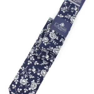 Rose Petals Tie-and-Hank Set - White on Navy