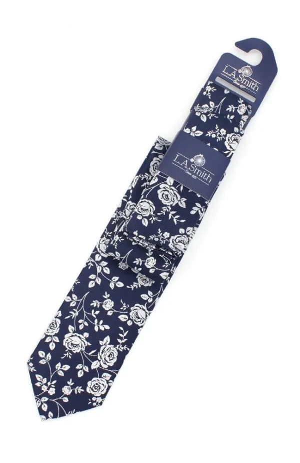 Rose Petals Tie-and-Hank Set - White on Navy