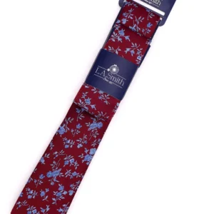 L.A Smith Woven Floral Blue on Burgundy Tie + Hankie Set