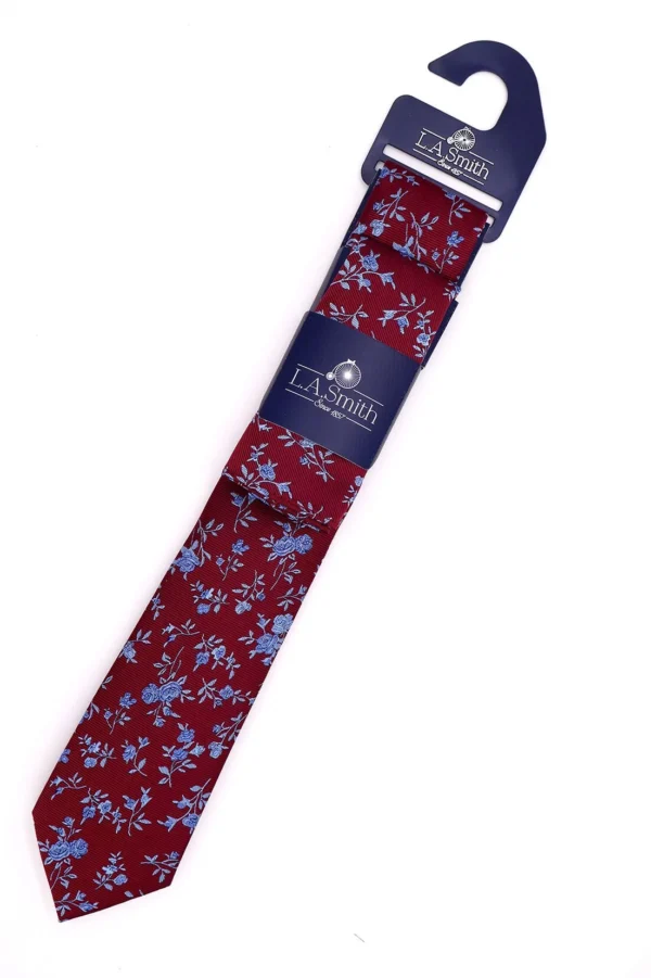 L.A Smith Woven Floral Blue on Burgundy Tie + Hankie Set