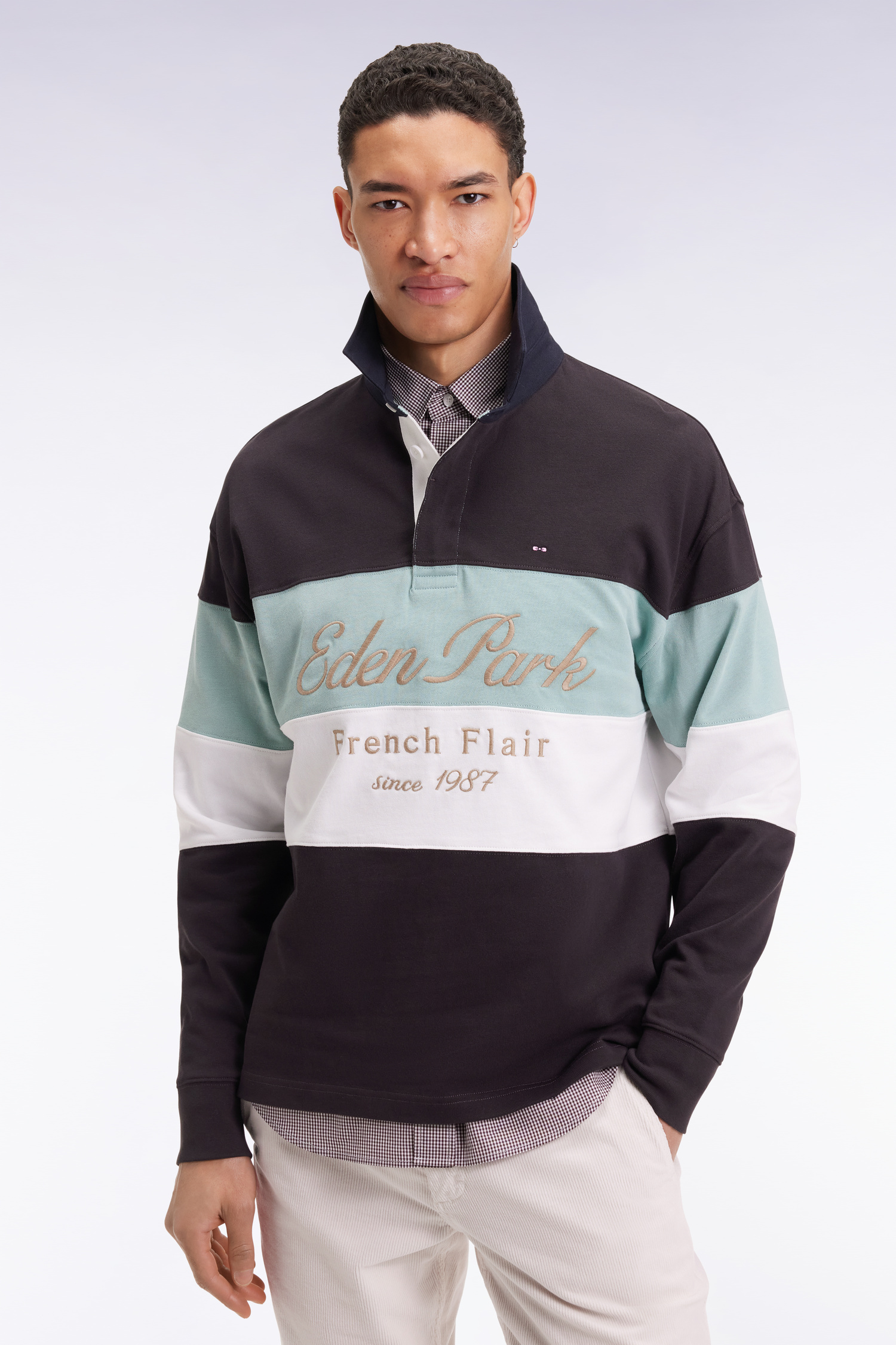 Eden Park Long Sleeved Jersey in Thick Black and Green Jersey with Vintage Embroidery