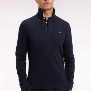 Eden Park Navy Stretch Cotton Long-Sleeved Polo Shirt with Piped Detail, Slim Fit