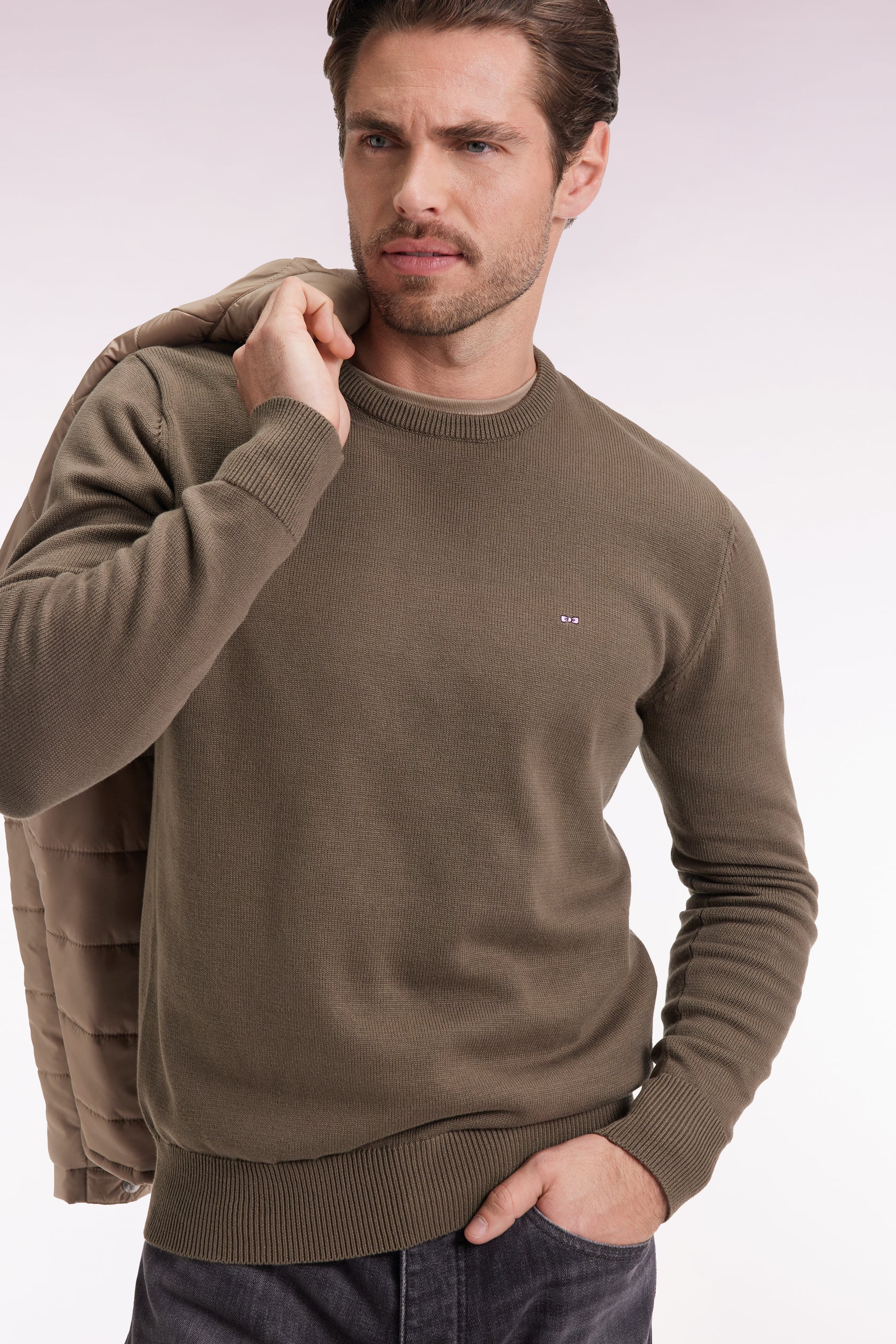 Eden Park Khaki Thick Cotton Crew Neck Jumper H25MAIPI0007 - Image 2