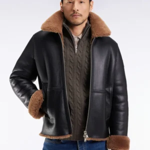 Eden Park Black Sheepskin Jacket with Brown Collar H25PAMBL0018