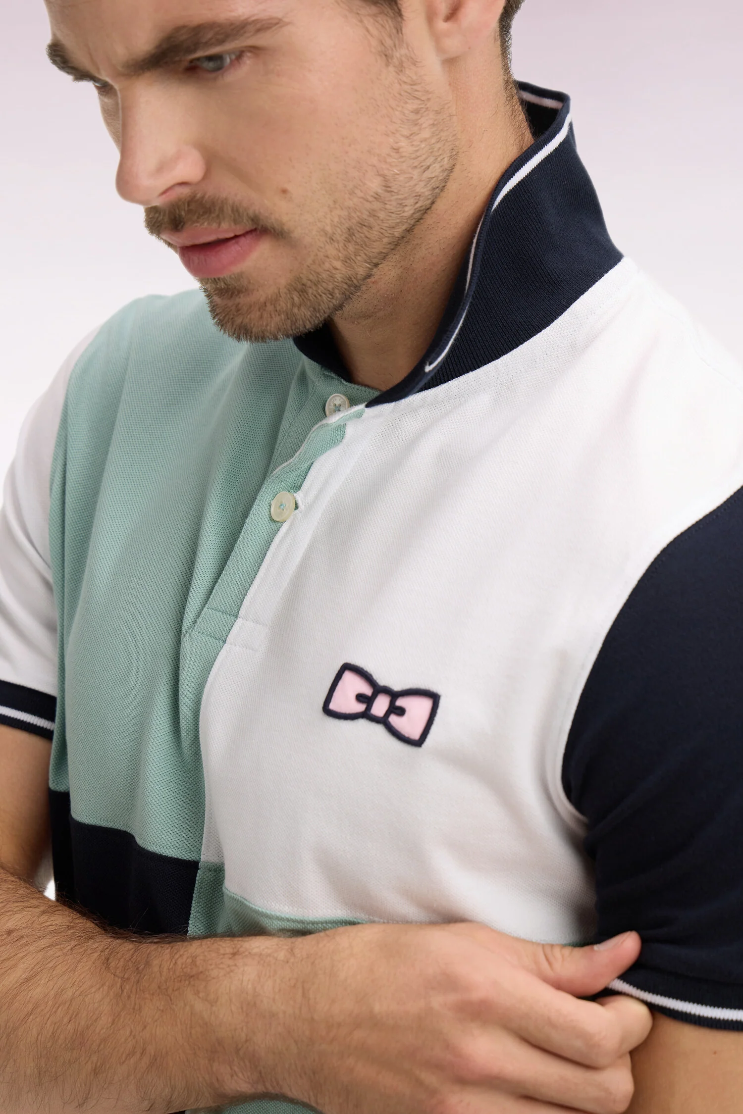 Eden Park Navy and Green Harelquin Polo Shirt - Image 3