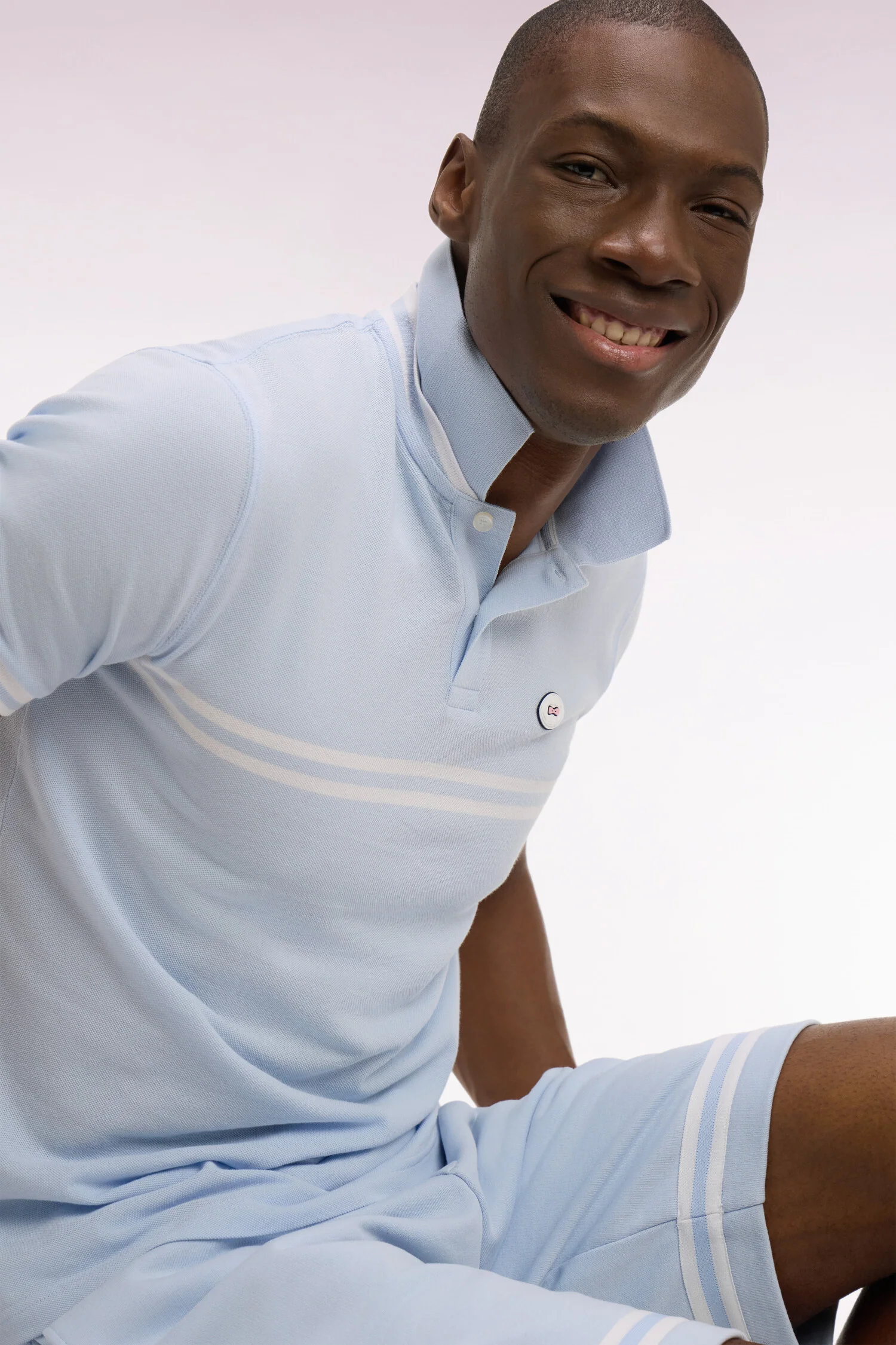 Eden Park Light Blue with Double White Stripe Polo Shirt - Image 2