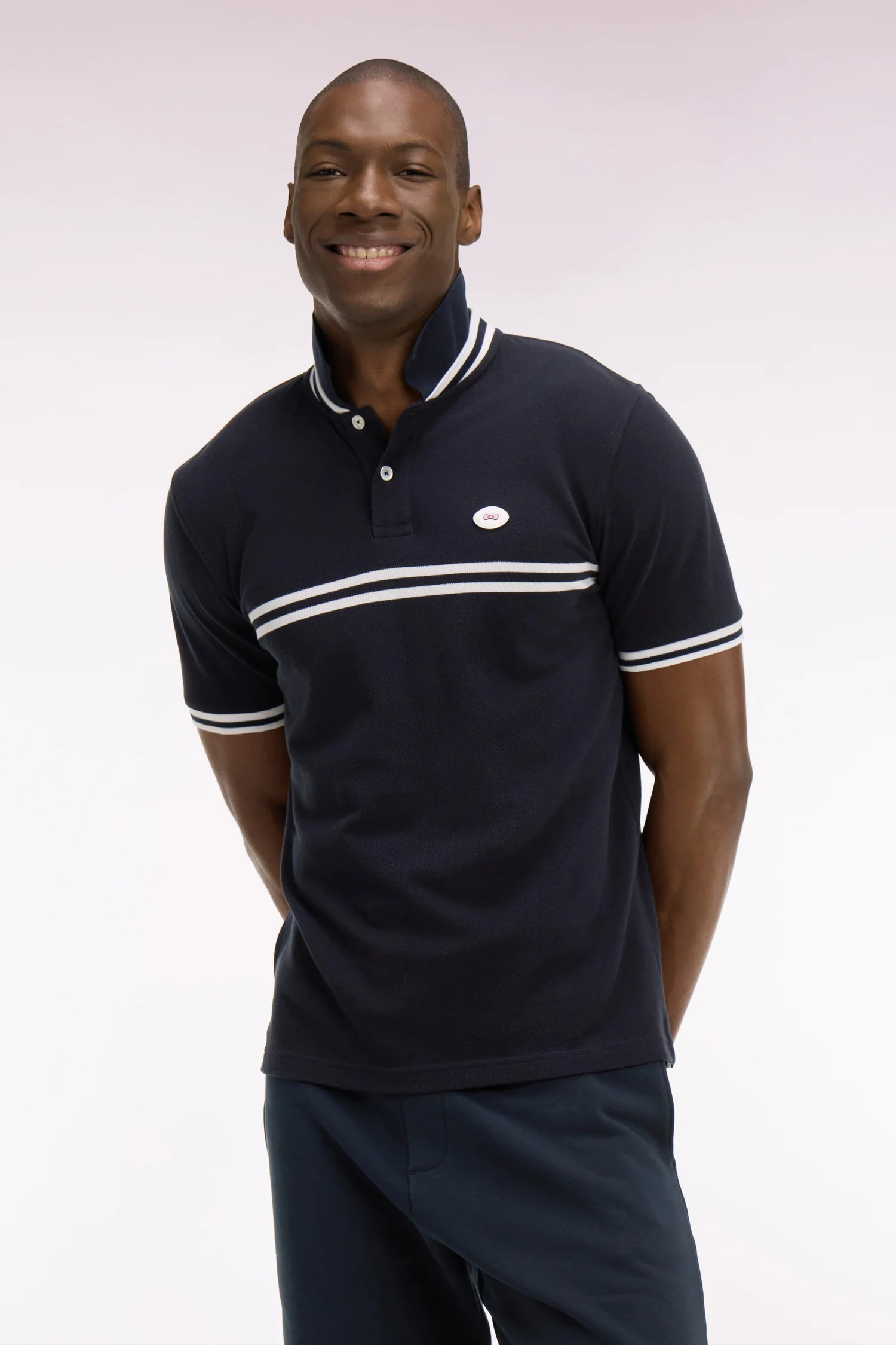 Eden Park Navy with Double White Stripe Polo Shirt - Image 2