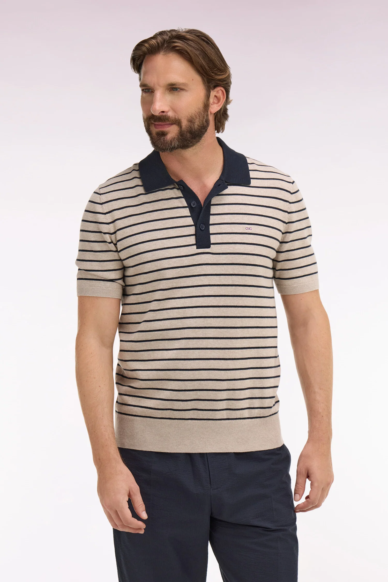 Eden Park Beige Stripe Knitted Polo Shirt - Image 3