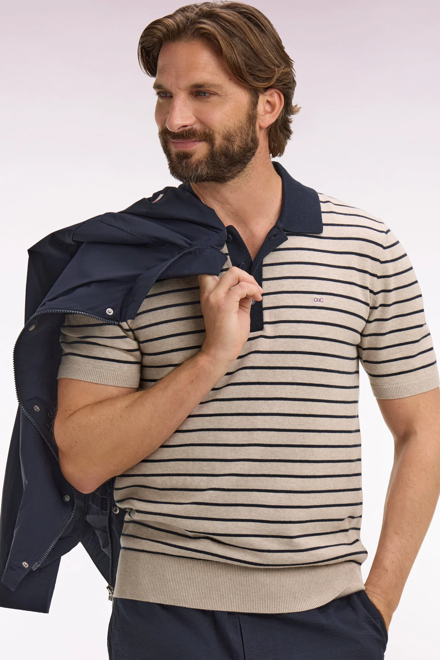 Eden Park Beige Stripe Knitted Polo Shirt