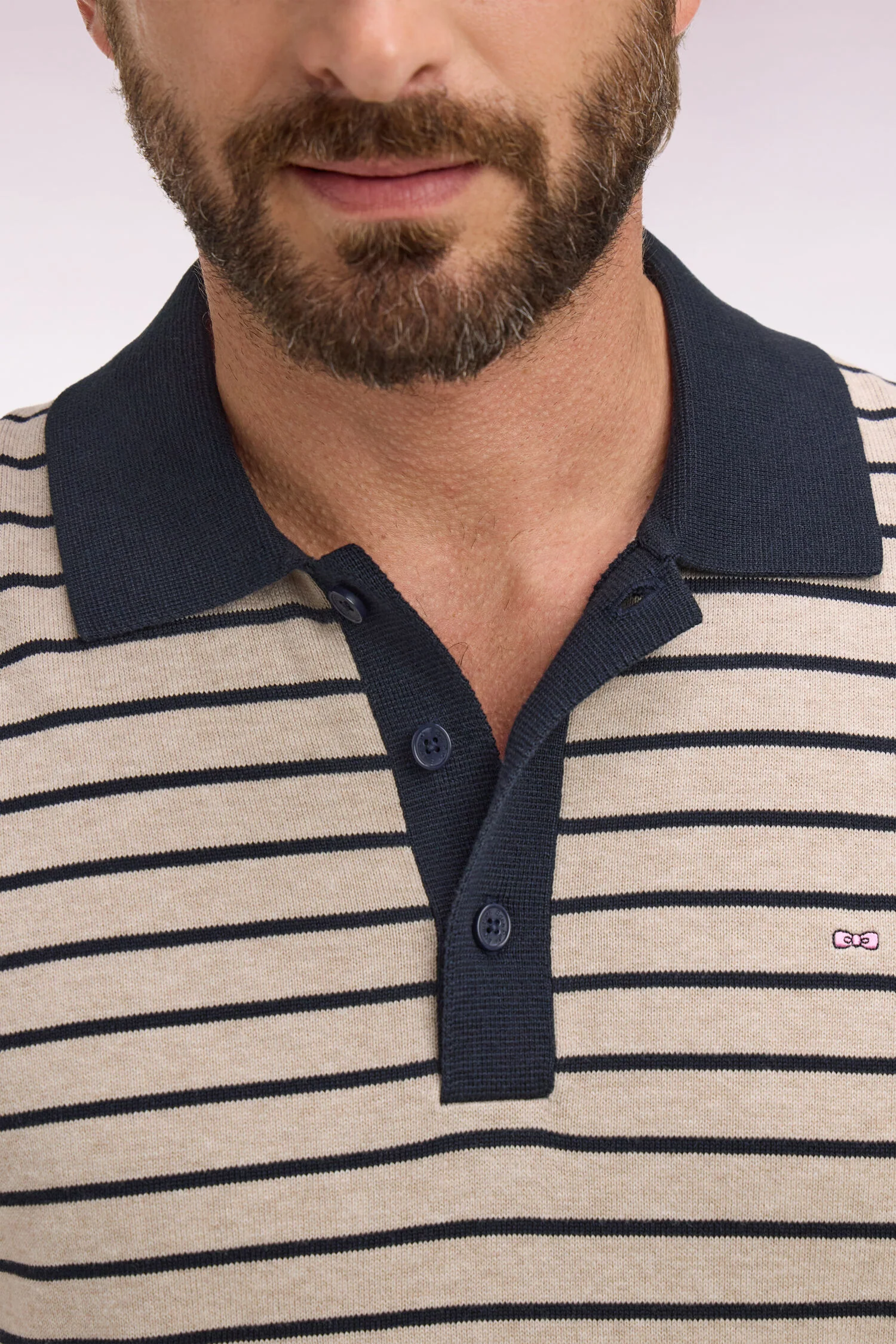 Eden Park Beige Stripe Knitted Polo Shirt - Image 2