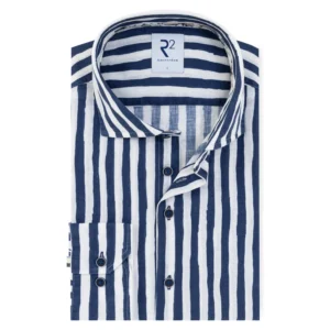 R2 Navy Striped linen stretch shirt