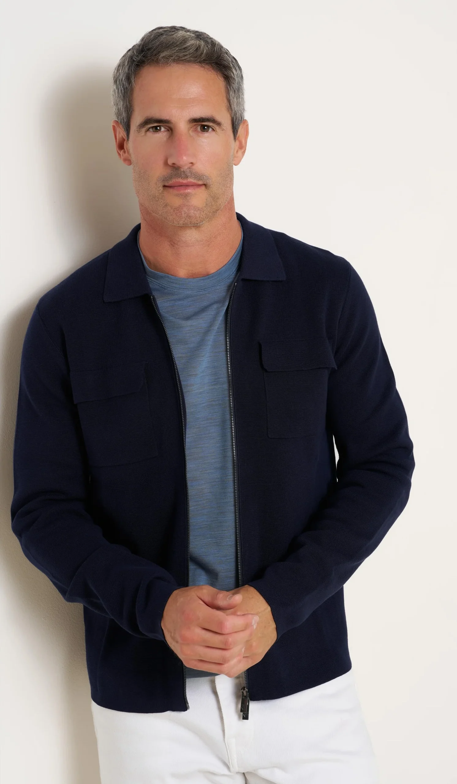 R2 Navy Knitted Zip Through Overshirt